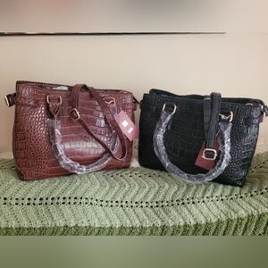 Elegant Crocodile Pattern Handbag Set - Brown and Black